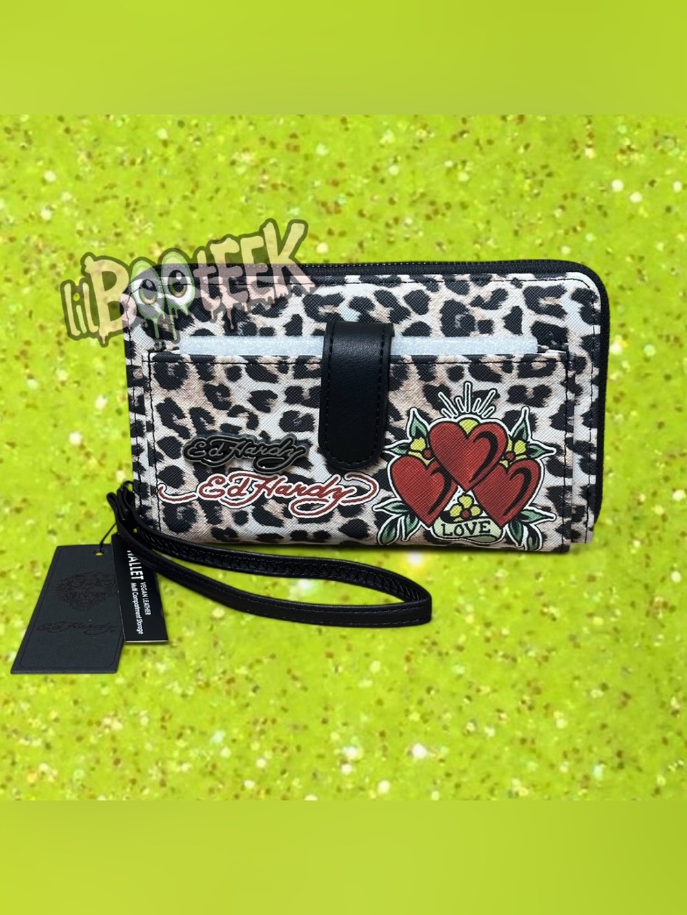 Ed Hardy Leopard Print 3 Heart Logo Wallet Wristlet w Outer Pocket NEW Viral Y2K